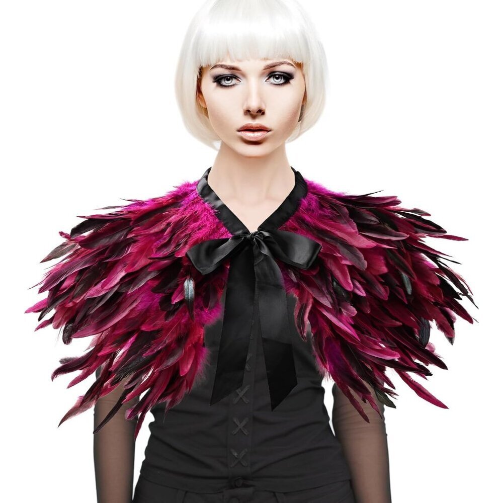 Gothic Feather Shawl Wrap Cape Costume Accessory Halloween Party Womens - Picture 2 of 7